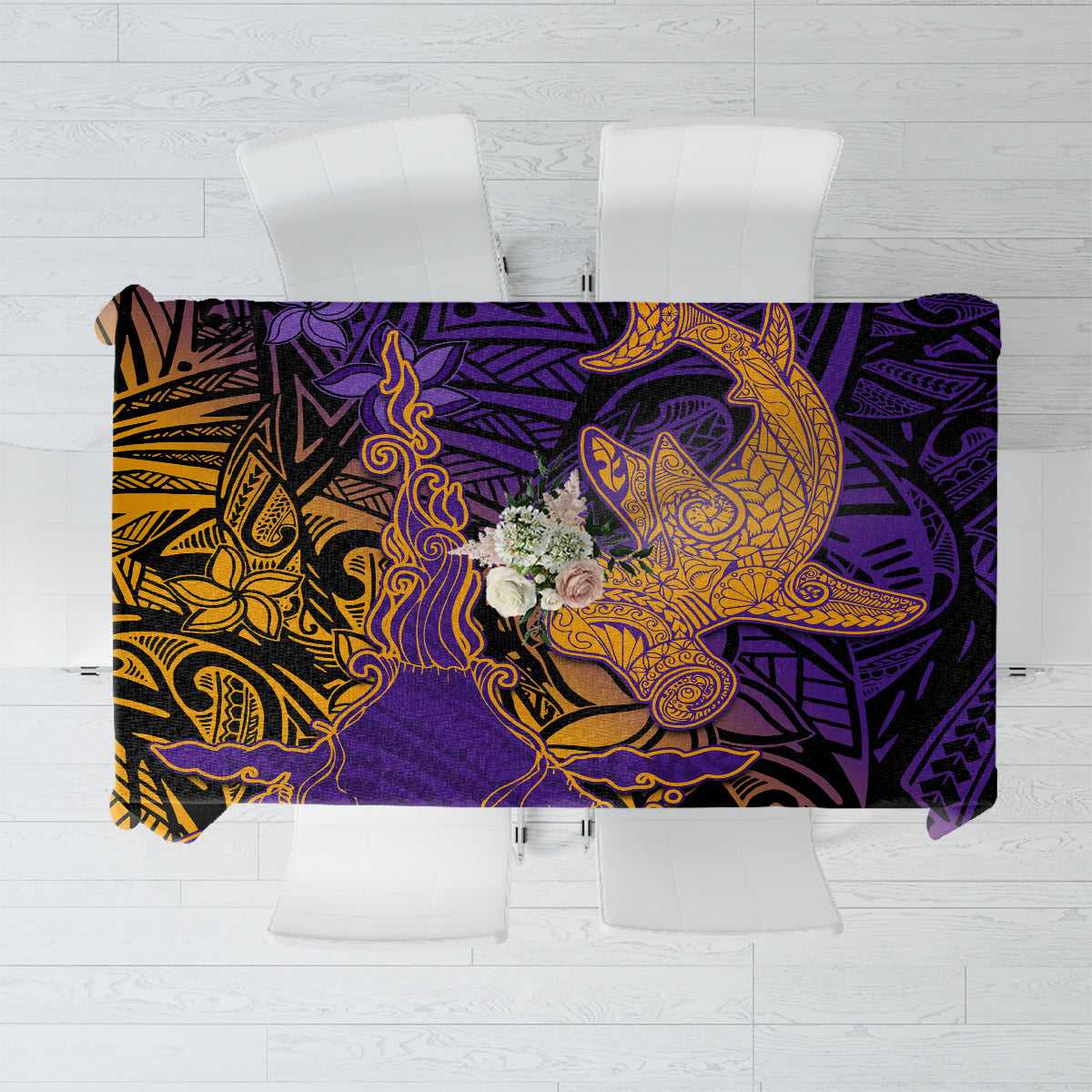 Hawaiian Volcano and Shark Tablecloth Polynesian and Hibiscus Pattern Purple Yellow Gradient