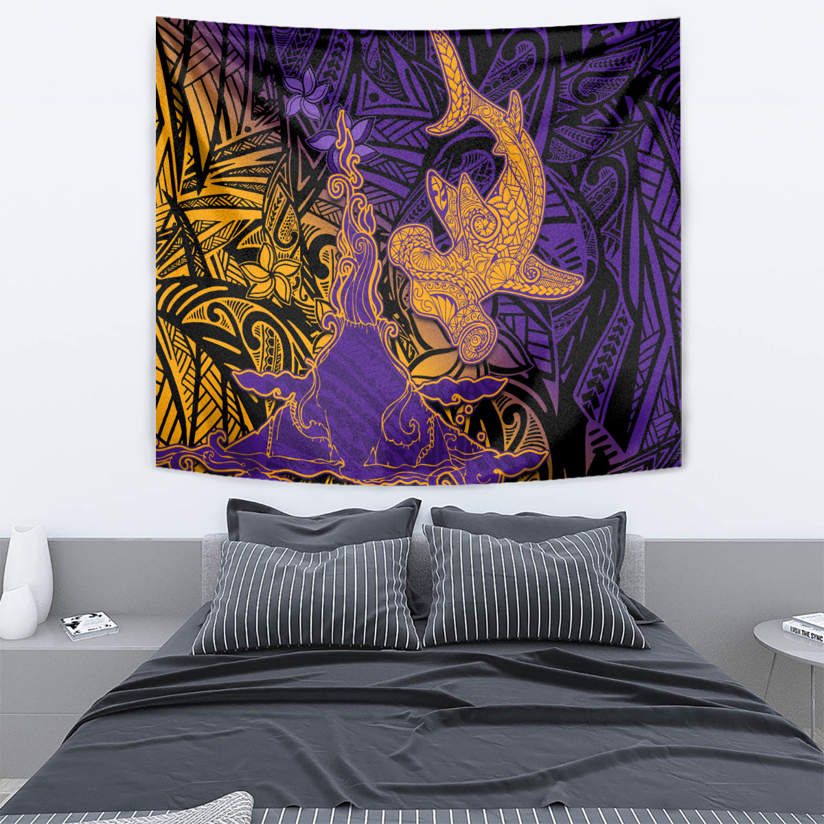 Hawaiian Volcano and Shark Tapestry Polynesian and Hibiscus Pattern Purple Yellow Gradient LT03 - Polynesian Pride