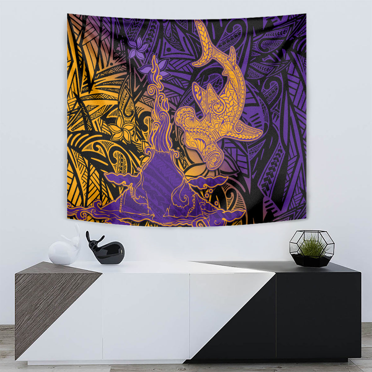 Hawaiian Volcano and Shark Tapestry Polynesian and Hibiscus Pattern Purple Yellow Gradient LT03 - Polynesian Pride