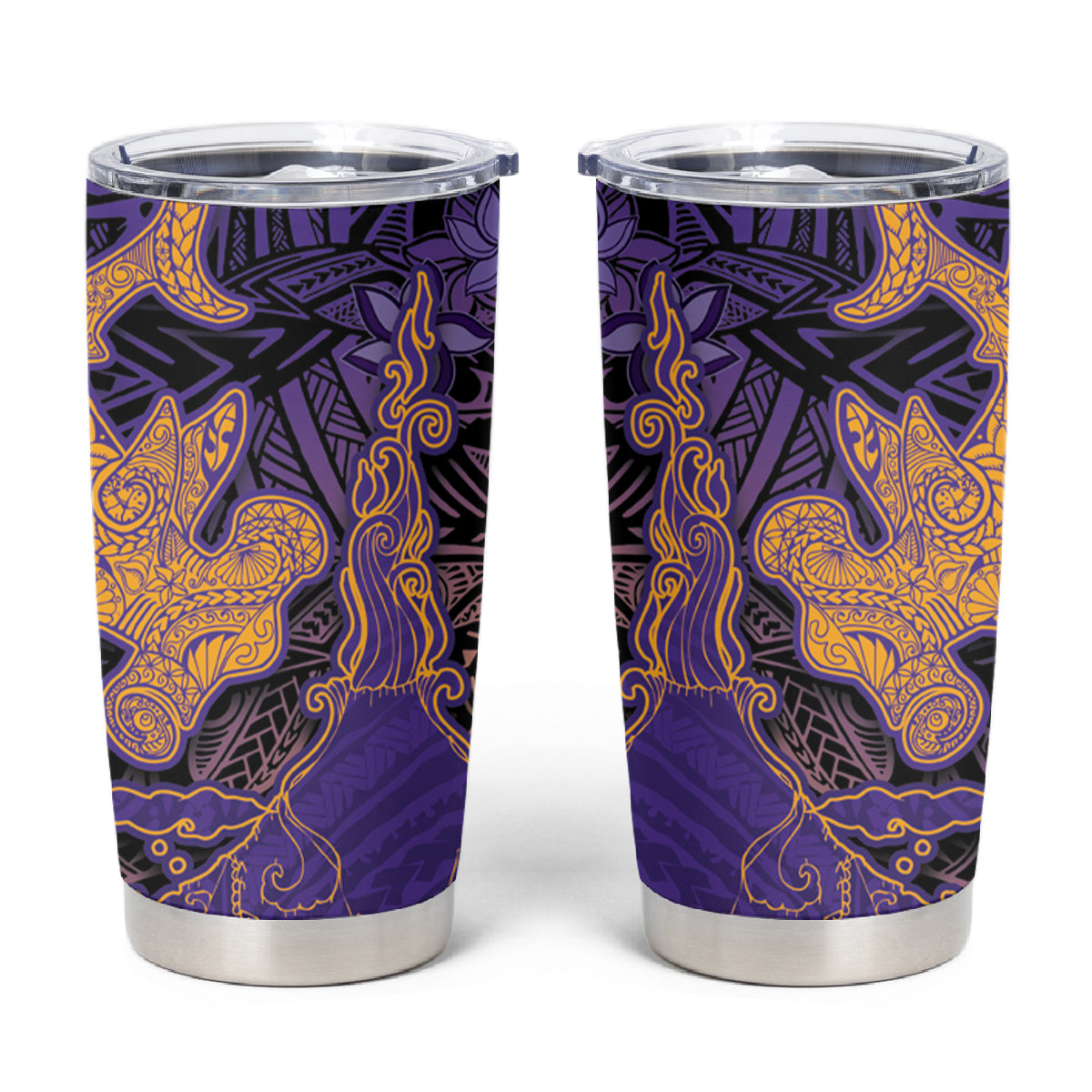 Hawaiian Volcano and Shark Tumbler Cup Polynesian and Hibiscus Pattern Purple Yellow Gradient LT03 Purple - Polynesian Pride