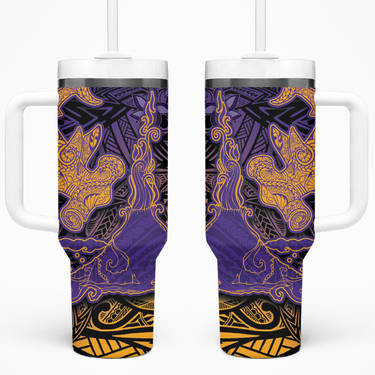 Hawaiian Volcano and Shark Tumbler With Handle Polynesian and Hibiscus Pattern Purple Yellow Gradient LT03 One Size: 40 oz Purple - Polynesian Pride