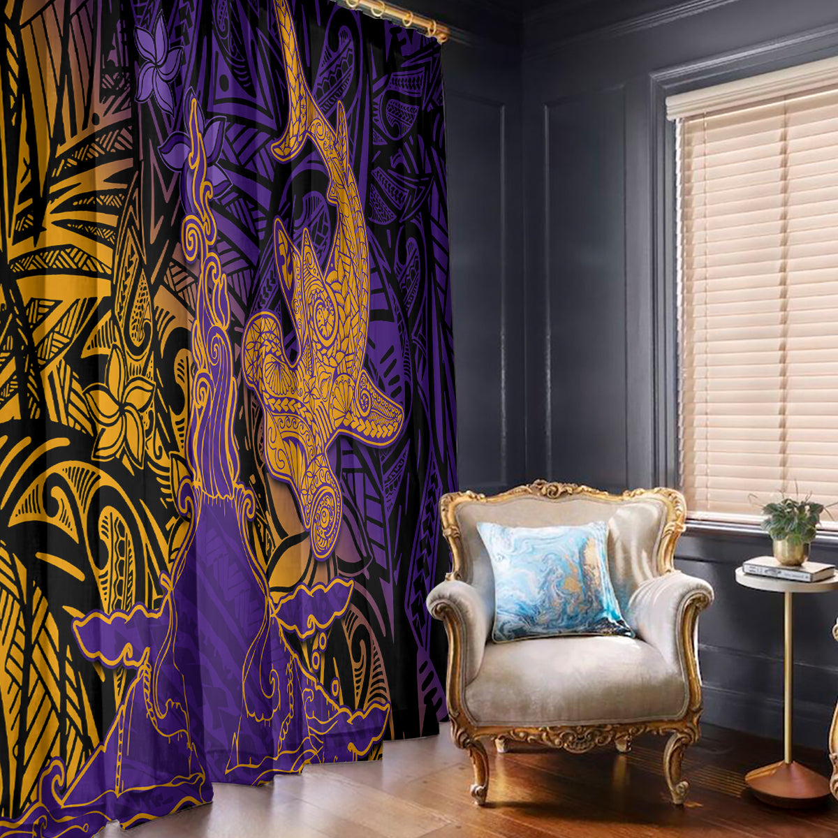 Hawaiian Volcano and Shark Window Curtain Polynesian and Hibiscus Pattern Purple Yellow Gradient LT03 - Polynesian Pride