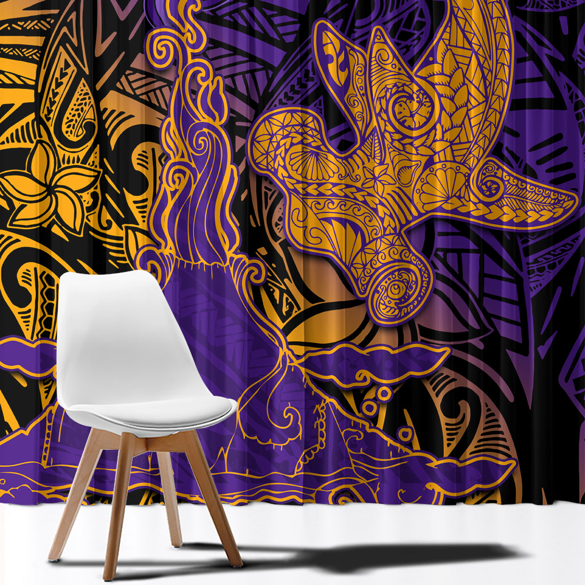 Hawaiian Volcano and Shark Window Curtain Polynesian and Hibiscus Pattern Purple Yellow Gradient LT03 - Polynesian Pride