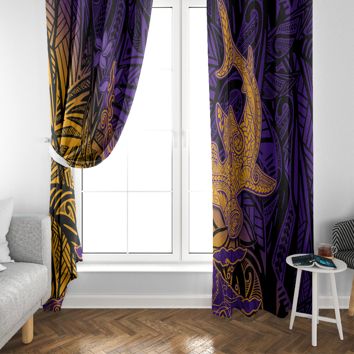 Hawaiian Volcano and Shark Window Curtain Polynesian and Hibiscus Pattern Purple Yellow Gradient LT03 - Polynesian Pride