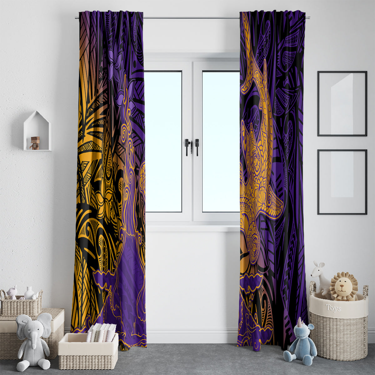 Hawaiian Volcano and Shark Window Curtain Polynesian and Hibiscus Pattern Purple Yellow Gradient LT03 - Polynesian Pride