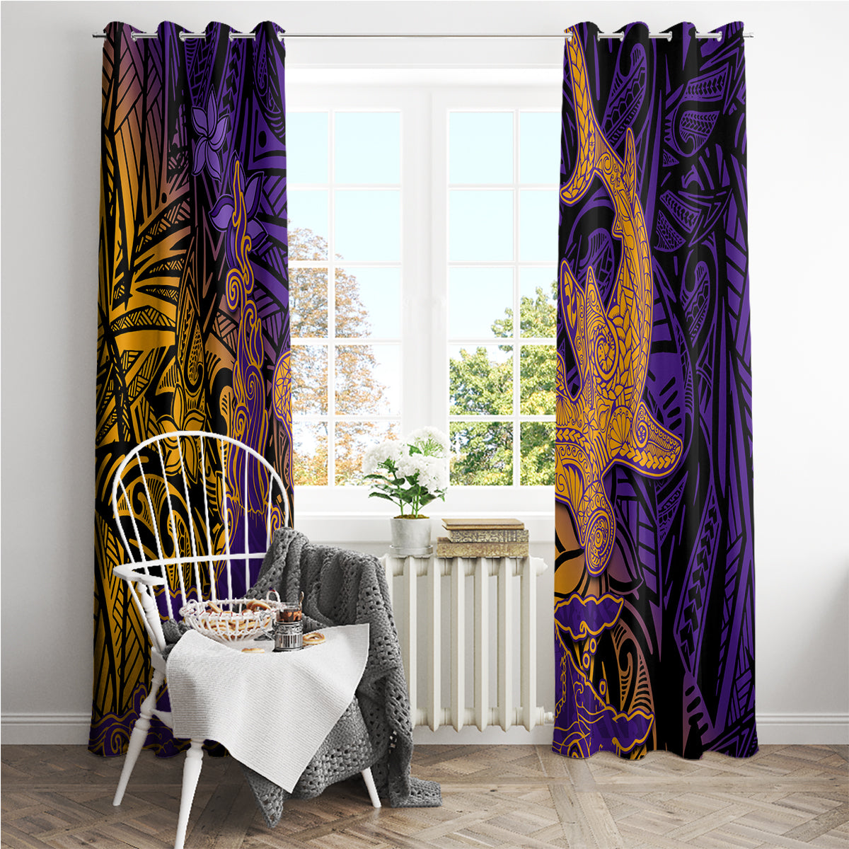 Hawaiian Volcano and Shark Window Curtain Polynesian and Hibiscus Pattern Purple Yellow Gradient LT03 - Polynesian Pride
