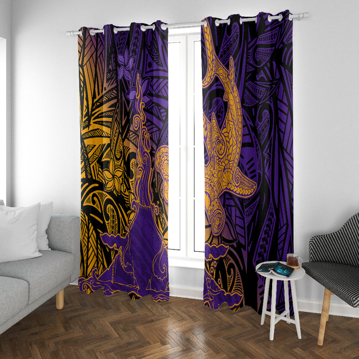 Hawaiian Volcano and Shark Window Curtain Polynesian and Hibiscus Pattern Purple Yellow Gradient LT03 With Grommets Purple - Polynesian Pride