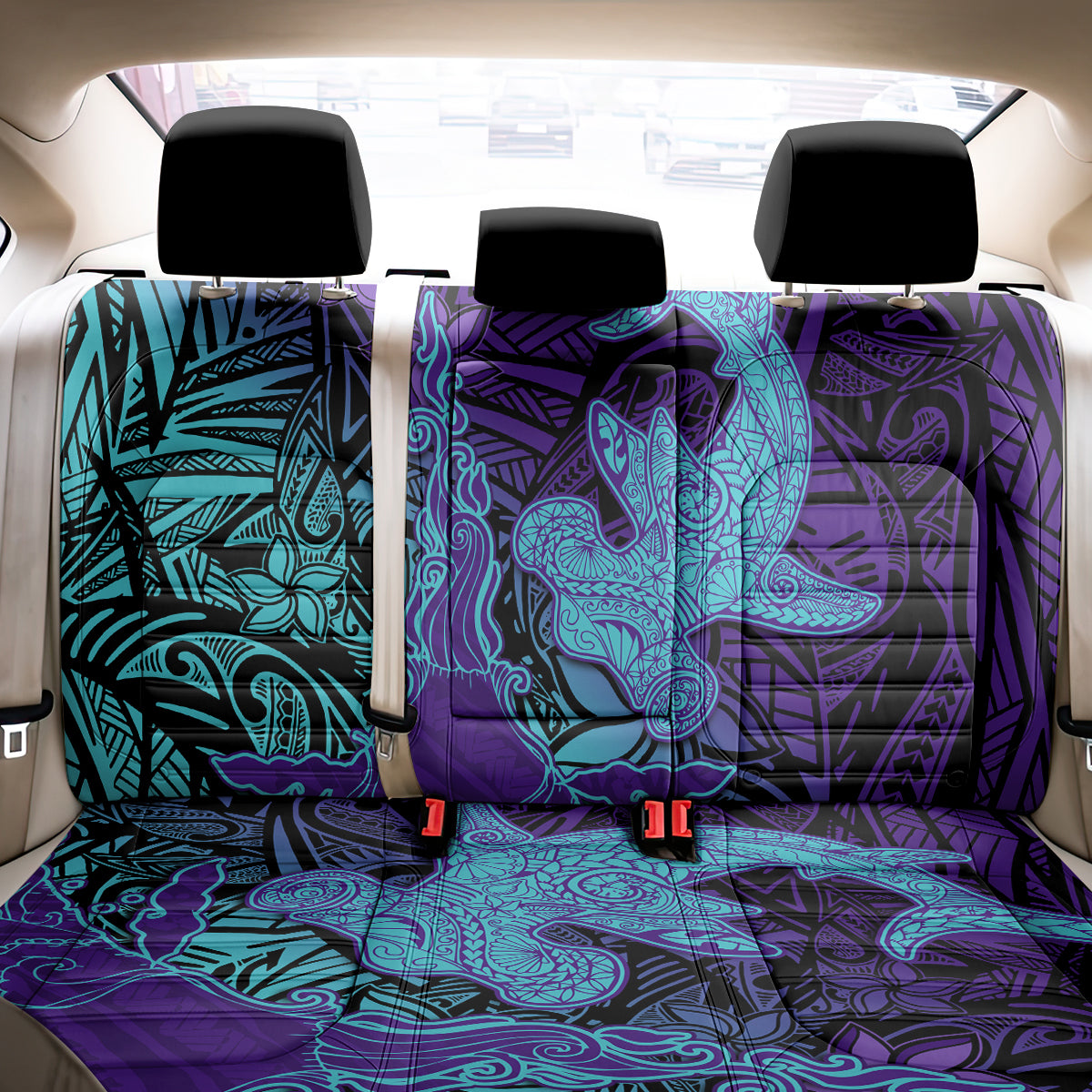 Hawaiian Volcano and Shark Back Car Seat Cover Polynesian and Hibiscus Pattern Purple Cyan Gradient LT03 - Polynesian Pride