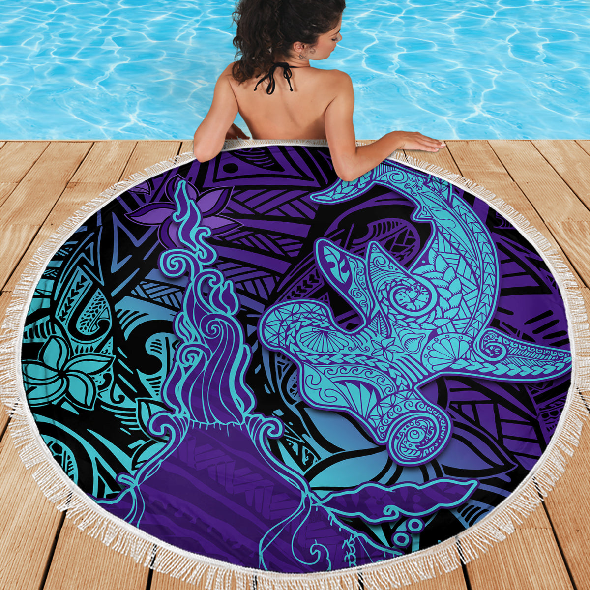 Hawaiian Volcano and Shark Beach Blanket Polynesian and Hibiscus Pattern Purple Cyan Gradient LT03 - Polynesian Pride