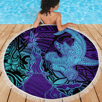 Hawaiian Volcano and Shark Beach Blanket Polynesian and Hibiscus Pattern Purple Cyan Gradient LT03 - Polynesian Pride