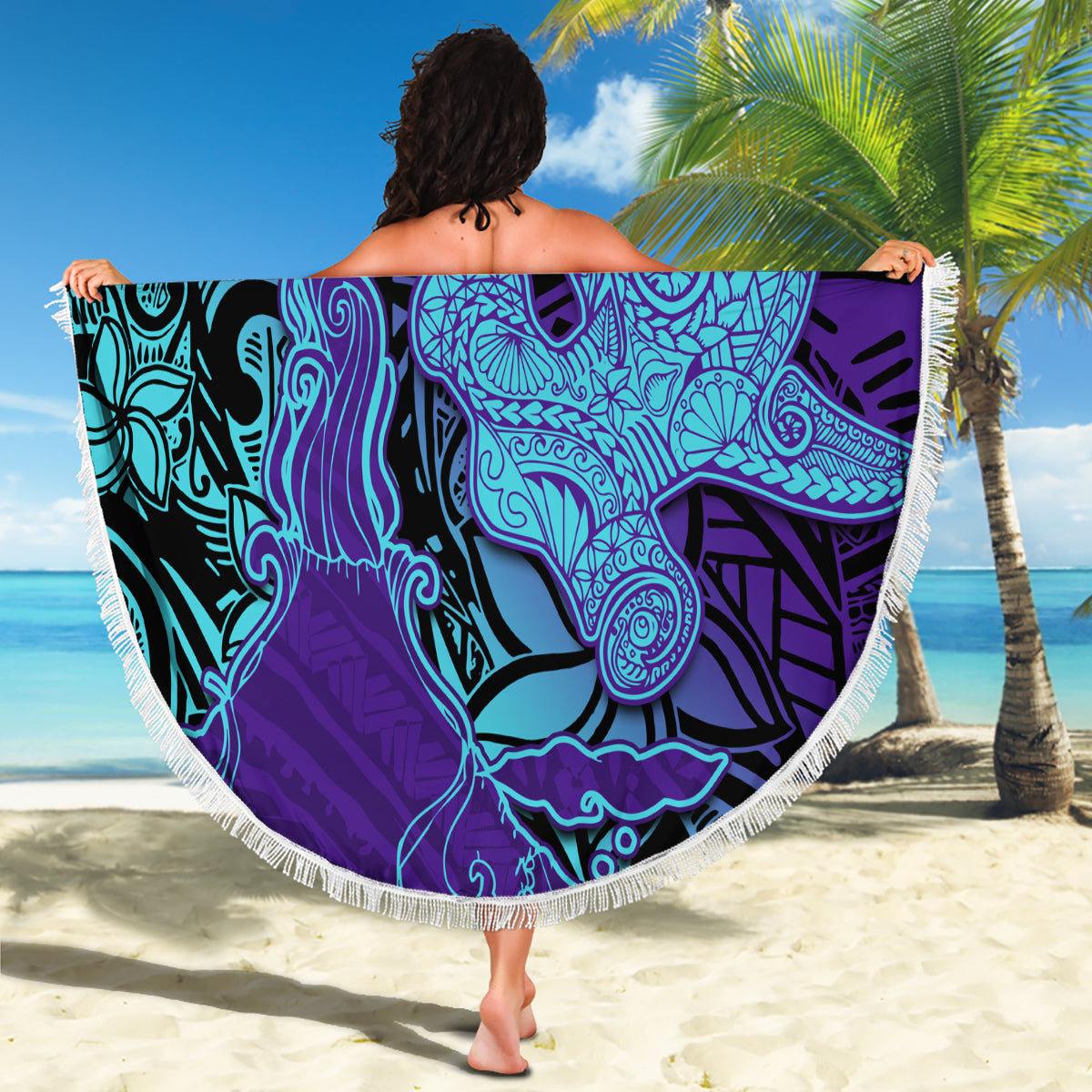 Hawaiian Volcano and Shark Beach Blanket Polynesian and Hibiscus Pattern Purple Cyan Gradient LT03 - Polynesian Pride