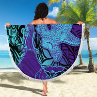 Hawaiian Volcano and Shark Beach Blanket Polynesian and Hibiscus Pattern Purple Cyan Gradient LT03 - Polynesian Pride