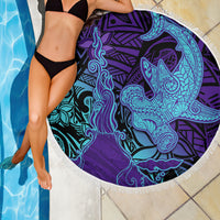 Hawaiian Volcano and Shark Beach Blanket Polynesian and Hibiscus Pattern Purple Cyan Gradient LT03 - Polynesian Pride