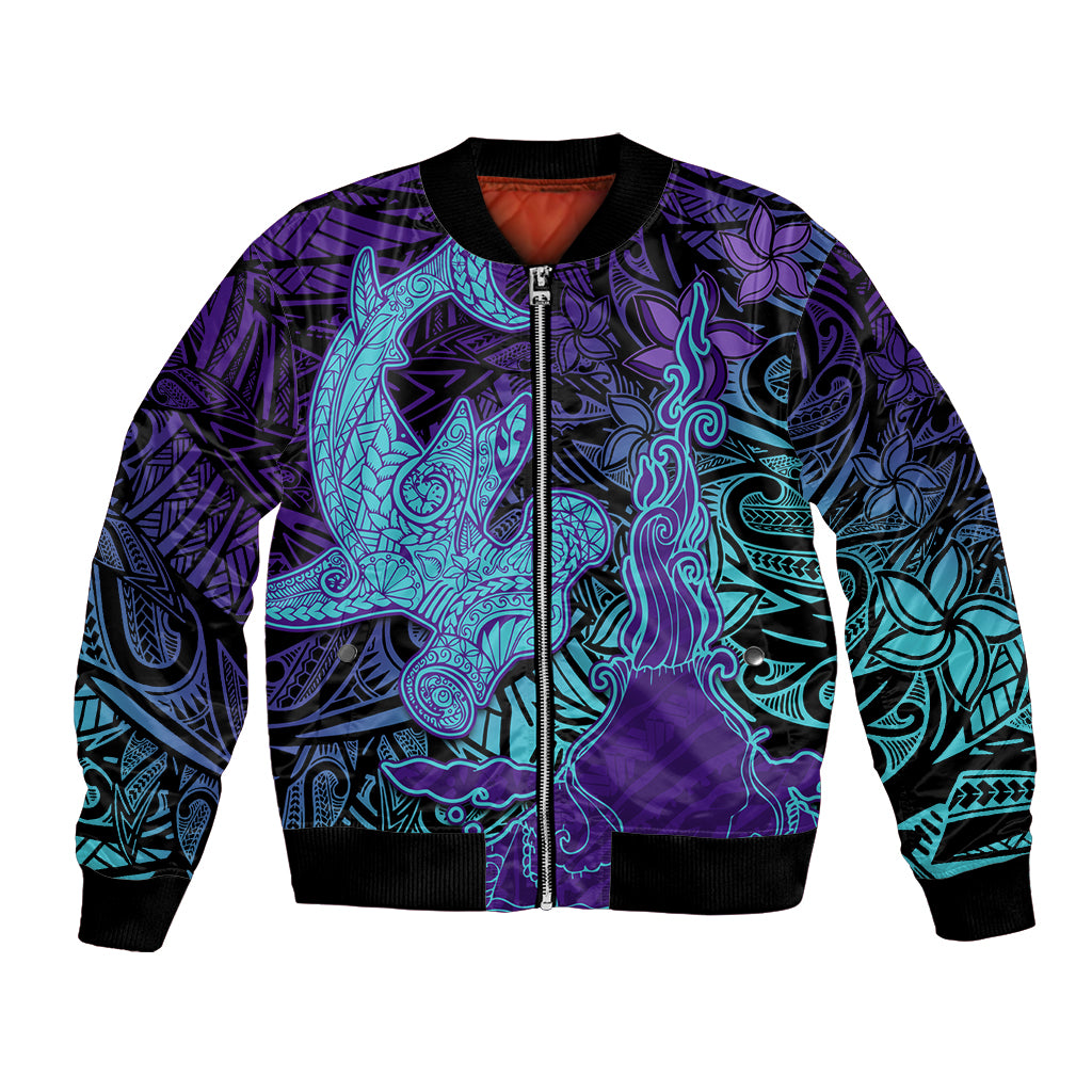 Hawaiian Volcano and Shark Bomber Jacket Polynesian and Hibiscus Pattern Purple Cyan Gradient LT03 Unisex Purple - Polynesian Pride