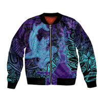 Hawaiian Volcano and Shark Bomber Jacket Polynesian and Hibiscus Pattern Purple Cyan Gradient LT03 Unisex Purple - Polynesian Pride