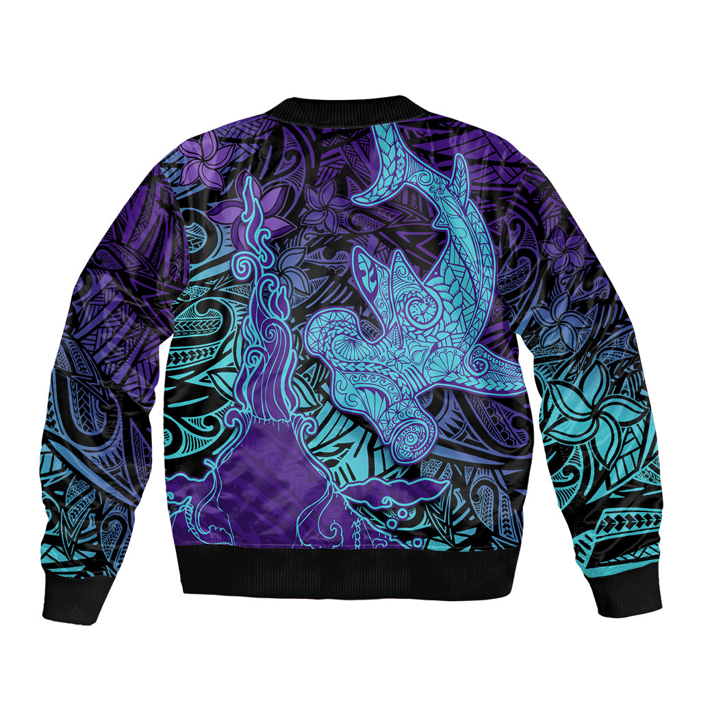 Hawaiian Volcano and Shark Bomber Jacket Polynesian and Hibiscus Pattern Purple Cyan Gradient LT03 - Polynesian Pride