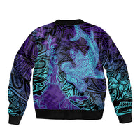 Hawaiian Volcano and Shark Bomber Jacket Polynesian and Hibiscus Pattern Purple Cyan Gradient LT03 - Polynesian Pride