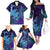 Hawaiian Volcano and Shark Family Matching Off The Shoulder Long Sleeve Dress and Hawaiian Shirt Polynesian and Hibiscus Pattern Purple Cyan Gradient