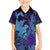 Hawaiian Volcano and Shark Family Matching Short Sleeve Bodycon Dress and Hawaiian Shirt Polynesian and Hibiscus Pattern Purple Cyan Gradient