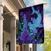Hawaiian Volcano and Shark Garden Flag Polynesian and Hibiscus Pattern Purple Cyan Gradient LT03 House Flag Purple - Polynesian Pride