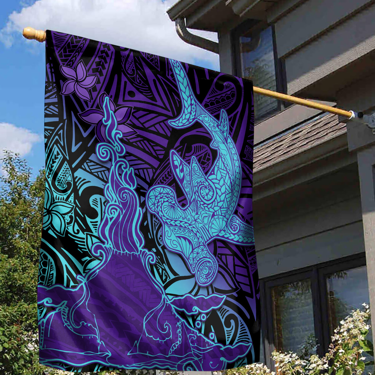 Hawaiian Volcano and Shark Garden Flag Polynesian and Hibiscus Pattern Purple Cyan Gradient LT03 - Polynesian Pride