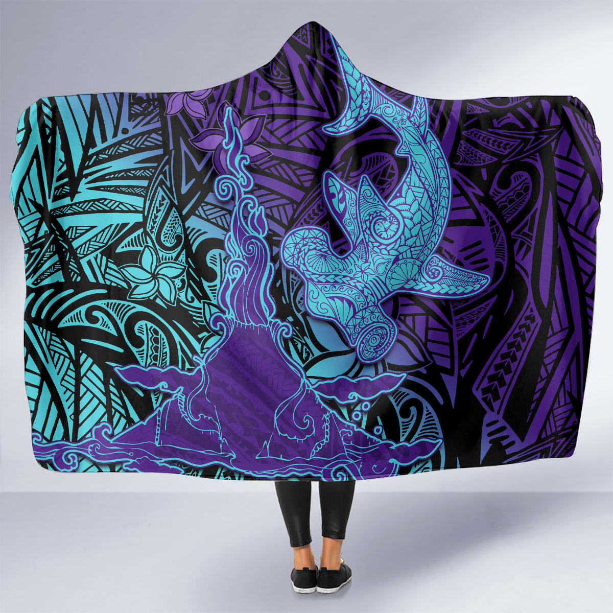 Hawaiian Volcano and Shark Hooded Blanket Polynesian and Hibiscus Pattern Purple Cyan Gradient LT03 - Polynesian Pride