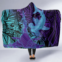 Hawaiian Volcano and Shark Hooded Blanket Polynesian and Hibiscus Pattern Purple Cyan Gradient LT03 - Polynesian Pride