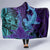 Hawaiian Volcano and Shark Hooded Blanket Polynesian and Hibiscus Pattern Purple Cyan Gradient