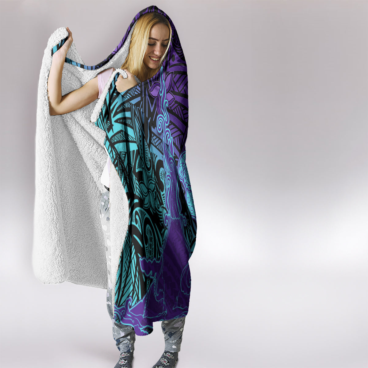 Hawaiian Volcano and Shark Hooded Blanket Polynesian and Hibiscus Pattern Purple Cyan Gradient LT03 - Polynesian Pride