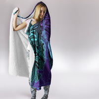 Hawaiian Volcano and Shark Hooded Blanket Polynesian and Hibiscus Pattern Purple Cyan Gradient LT03 - Polynesian Pride