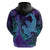 Hawaiian Volcano and Shark Hoodie Polynesian and Hibiscus Pattern Purple Cyan Gradient