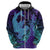 Hawaiian Volcano and Shark Hoodie Polynesian and Hibiscus Pattern Purple Cyan Gradient