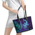 Hawaiian Volcano and Shark Leather Tote Bag Polynesian and Hibiscus Pattern Purple Cyan Gradient