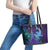 Hawaiian Volcano and Shark Leather Tote Bag Polynesian and Hibiscus Pattern Purple Cyan Gradient