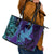 Hawaiian Volcano and Shark Leather Tote Bag Polynesian and Hibiscus Pattern Purple Cyan Gradient