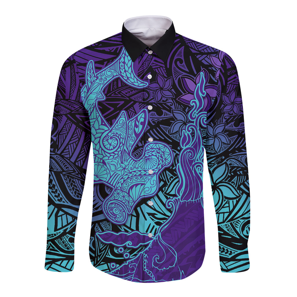 Hawaiian Volcano and Shark Long Sleeve Button Shirt Polynesian and Hibiscus Pattern Purple Cyan Gradient LT03 Unisex Purple - Polynesian Pride