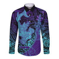 Hawaiian Volcano and Shark Long Sleeve Button Shirt Polynesian and Hibiscus Pattern Purple Cyan Gradient LT03 Unisex Purple - Polynesian Pride