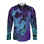 Hawaiian Volcano and Shark Long Sleeve Button Shirt Polynesian and Hibiscus Pattern Purple Cyan Gradient
