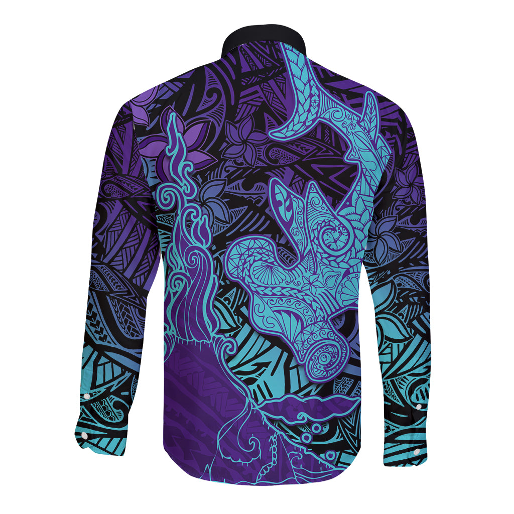 Hawaiian Volcano and Shark Long Sleeve Button Shirt Polynesian and Hibiscus Pattern Purple Cyan Gradient LT03 - Polynesian Pride