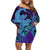 Hawaiian Volcano and Shark Off Shoulder Short Dress Polynesian and Hibiscus Pattern Purple Cyan Gradient