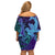 Hawaiian Volcano and Shark Off Shoulder Short Dress Polynesian and Hibiscus Pattern Purple Cyan Gradient