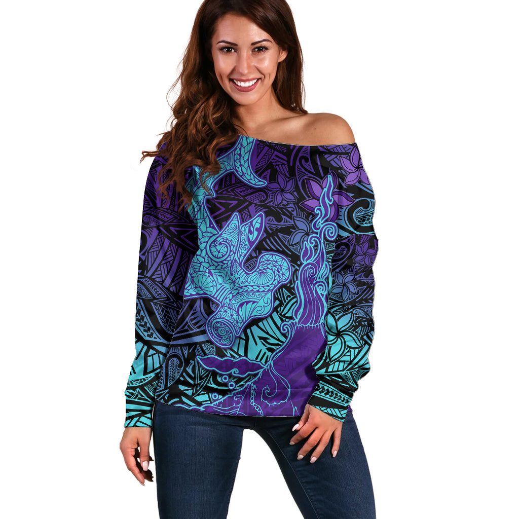 Hawaiian Volcano and Shark Off Shoulder Sweater Polynesian and Hibiscus Pattern Purple Cyan Gradient LT03 Women Purple - Polynesian Pride