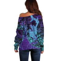 Hawaiian Volcano and Shark Off Shoulder Sweater Polynesian and Hibiscus Pattern Purple Cyan Gradient LT03 - Polynesian Pride