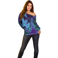 Hawaiian Volcano and Shark Off Shoulder Sweater Polynesian and Hibiscus Pattern Purple Cyan Gradient LT03 - Polynesian Pride