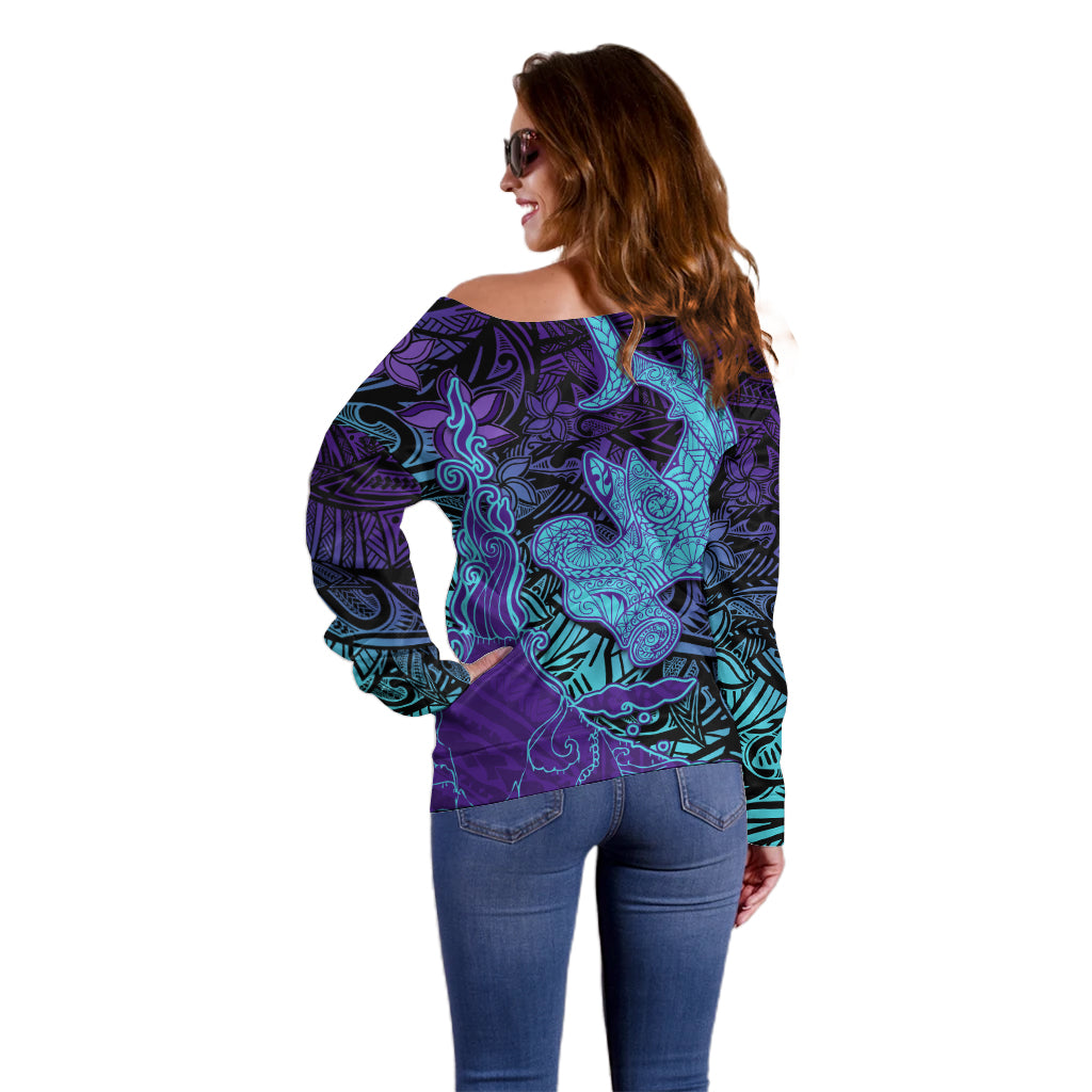 Hawaiian Volcano and Shark Off Shoulder Sweater Polynesian and Hibiscus Pattern Purple Cyan Gradient LT03 - Polynesian Pride