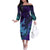 Hawaiian Volcano and Shark Off The Shoulder Long Sleeve Dress Polynesian and Hibiscus Pattern Purple Cyan Gradient