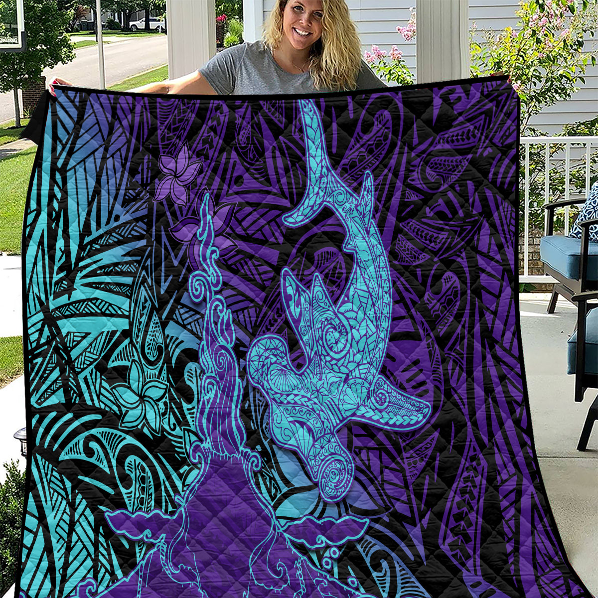 Hawaiian Volcano and Shark Quilt Polynesian and Hibiscus Pattern Purple Cyan Gradient LT03 Purple - Polynesian Pride