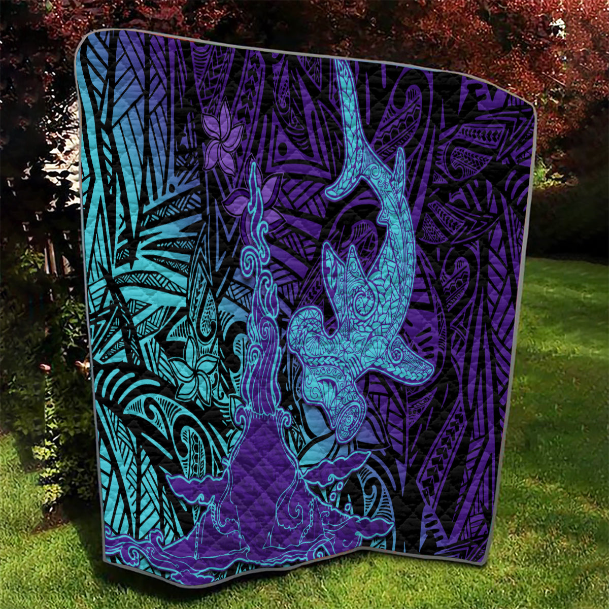 Hawaiian Volcano and Shark Quilt Polynesian and Hibiscus Pattern Purple Cyan Gradient LT03 - Polynesian Pride