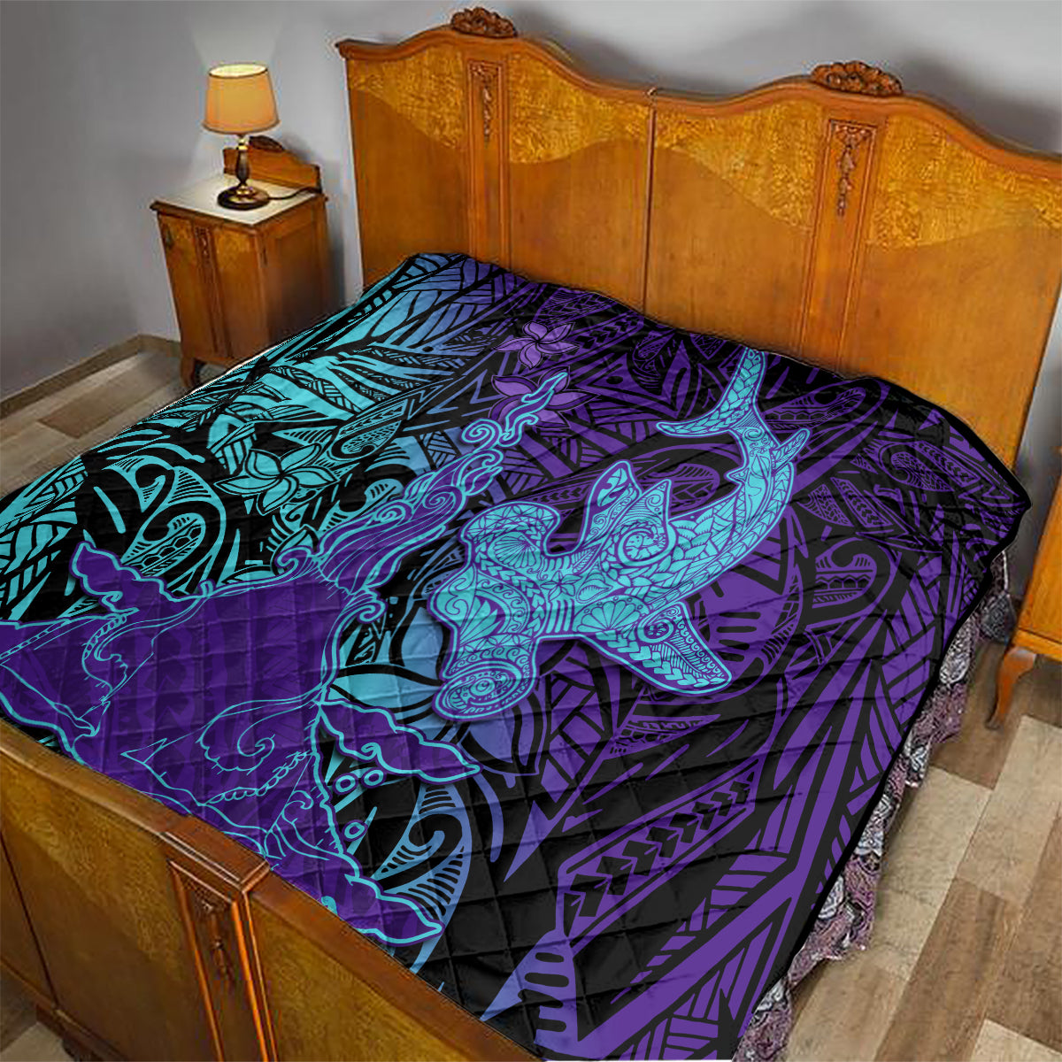 Hawaiian Volcano and Shark Quilt Polynesian and Hibiscus Pattern Purple Cyan Gradient LT03 - Polynesian Pride