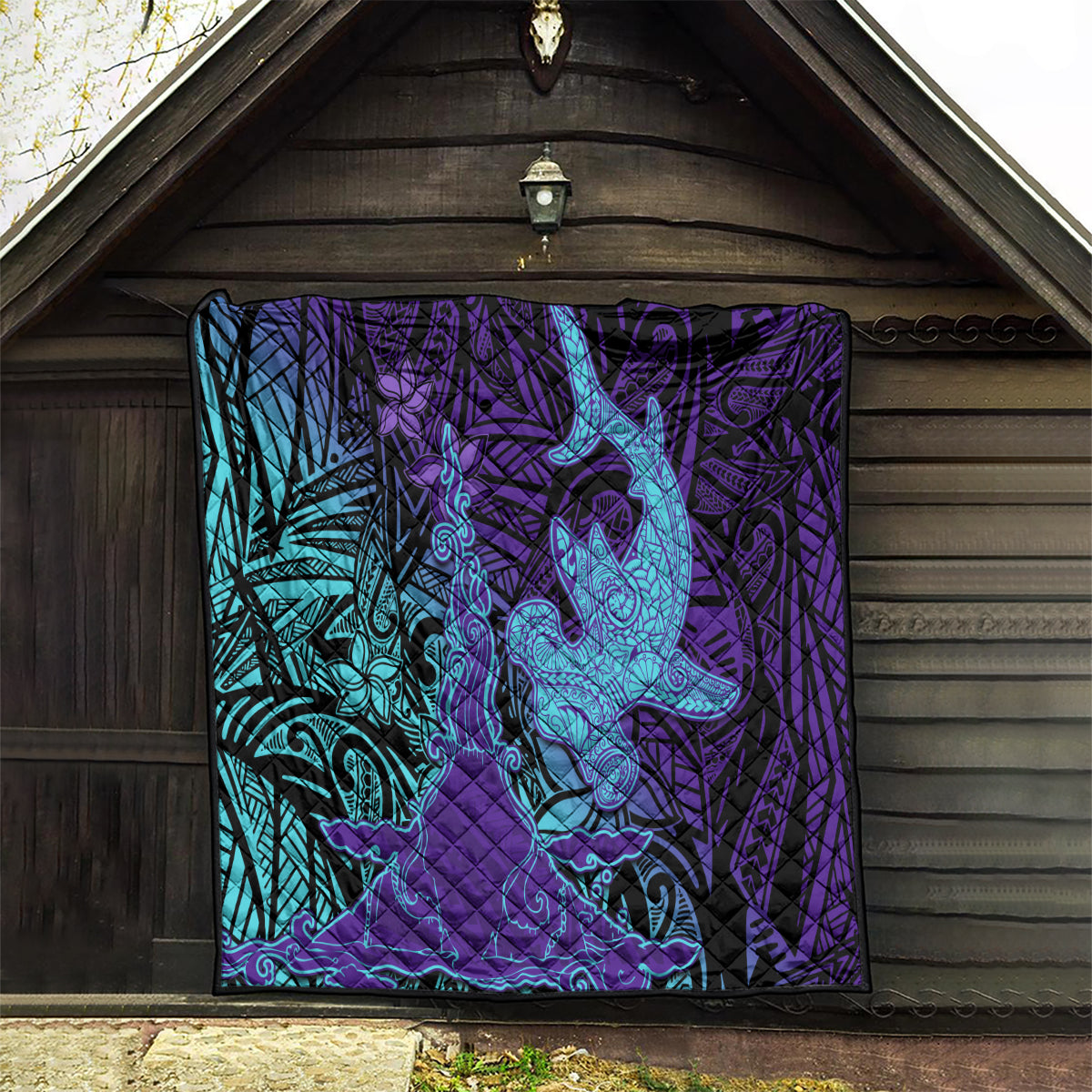 Hawaiian Volcano and Shark Quilt Polynesian and Hibiscus Pattern Purple Cyan Gradient LT03 - Polynesian Pride